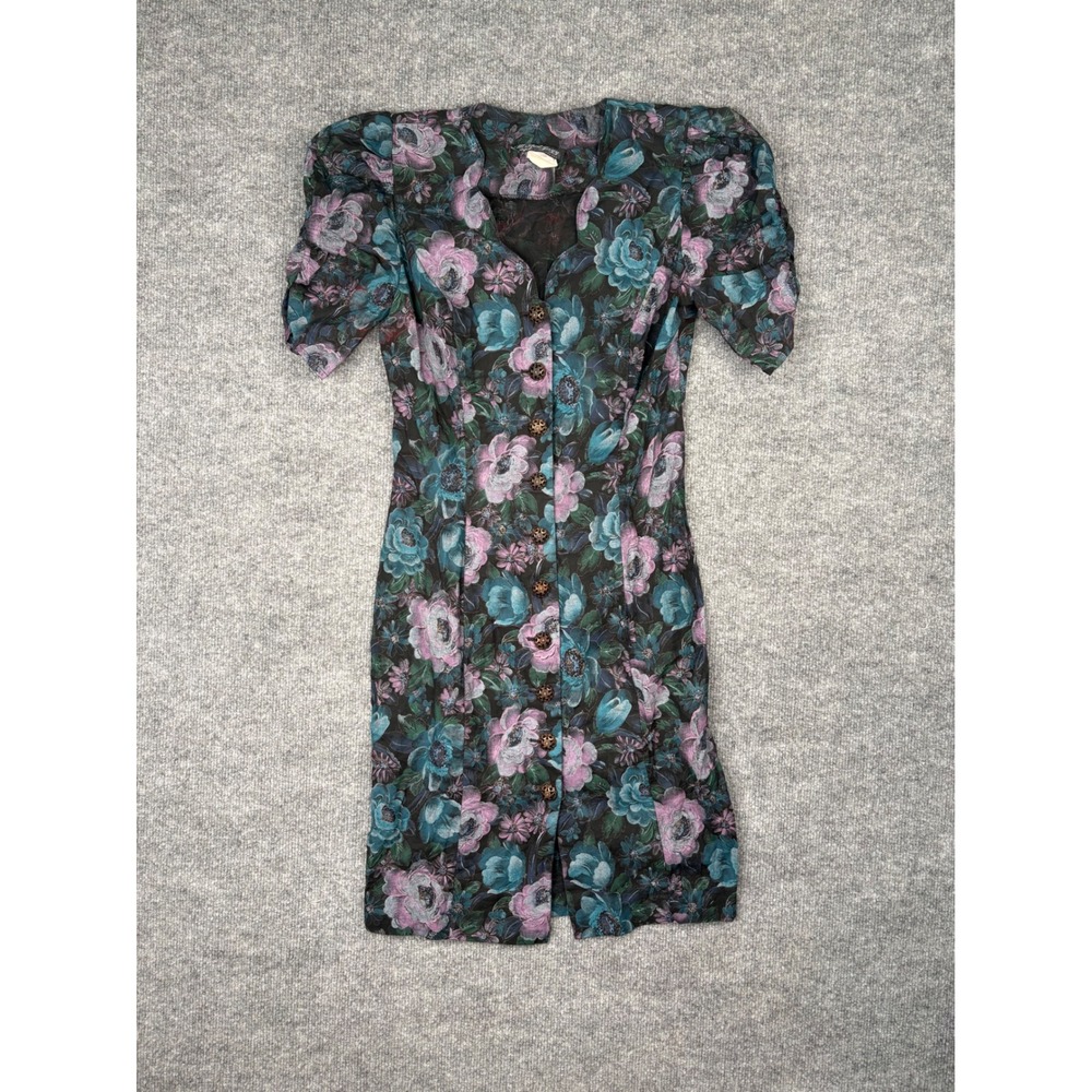 Vintage All That Jazz 90s Floral Button Front Mini Dress Cotton Puff Sleeve 7/8